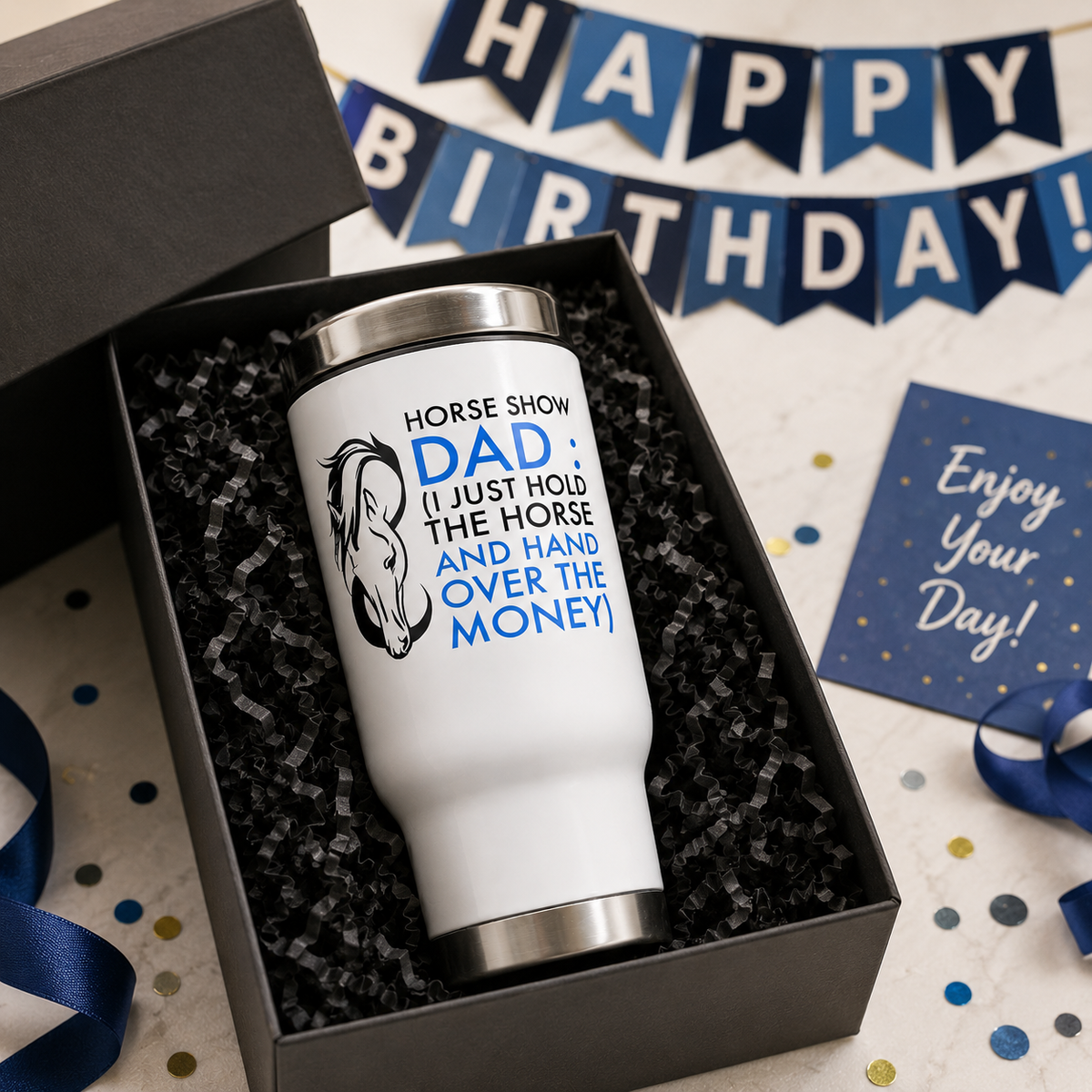 Funny Horse Show Dad Travel Mug – Horse Dad Gift for Horse Lovers – "Horse Show Dad" Tumbler