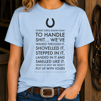 Funny Horse Girl T-Shirt for Women – Horse Lover Gift for Cowgirls – “Horse Girls Know How To Handle Shit”