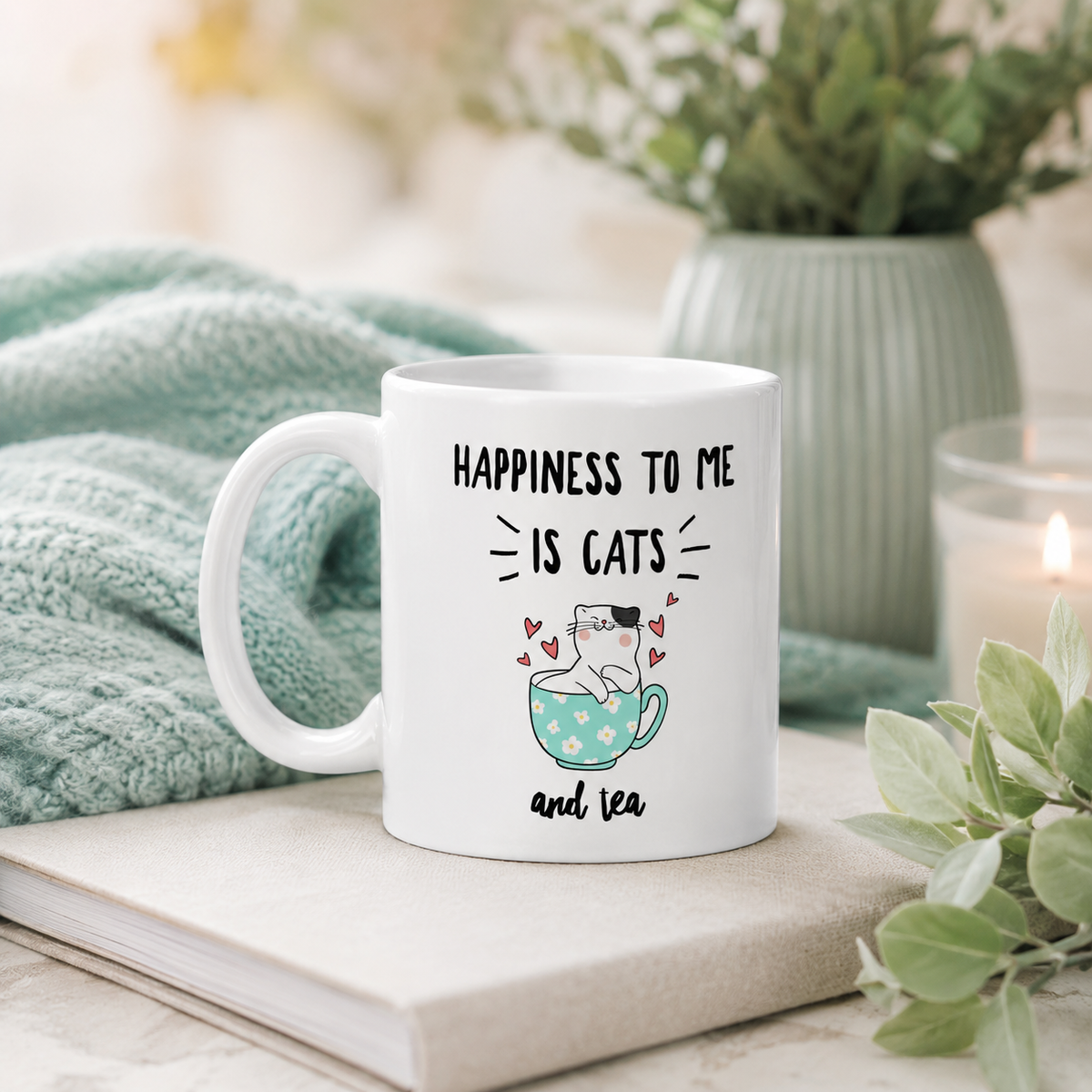 Funny Cat Mug for Women – Cat Lover Gift – Cute Cat Coffee Mug – Tea Lover Gift – "Happiness to Me Is Cats and Tea"
