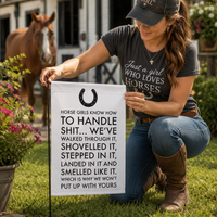 Funny Horse Girl Garden Flag – “Horse Girls Know How To Handle Shit” – Horse Lover Gift & Equestrian Yard Decor