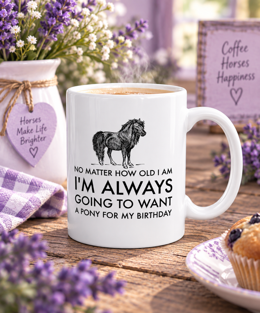Funny Pony Mug, Pony Lover Birthday Gift, Horse Girl Gift, Equestrian Horse Lover Mug – Want A Pony For My Birthday - No Matter How Old I Am