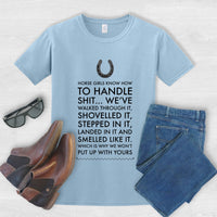 Funny Horse Girl T-Shirt for Women – Horse Lover Gift for Cowgirls – “Horse Girls Know How To Handle Shit”