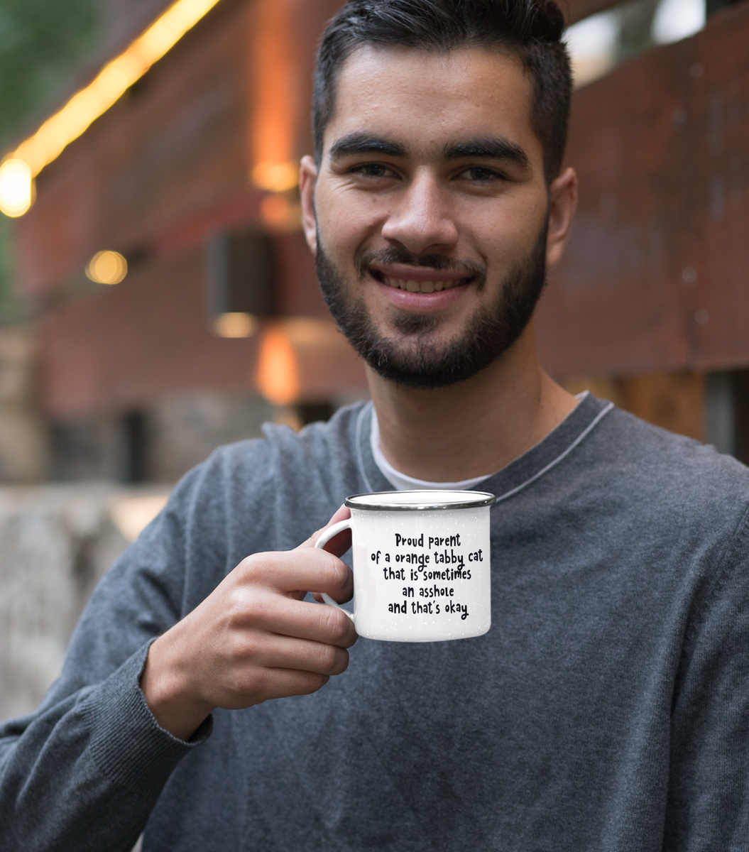 Funny Ginger Cat Lover Gift: Proud Parent Of An Orange Tabby Cat, 12oz Cat Camper Mug, Sarcastic Humor Coffee Cup for Pet Owners