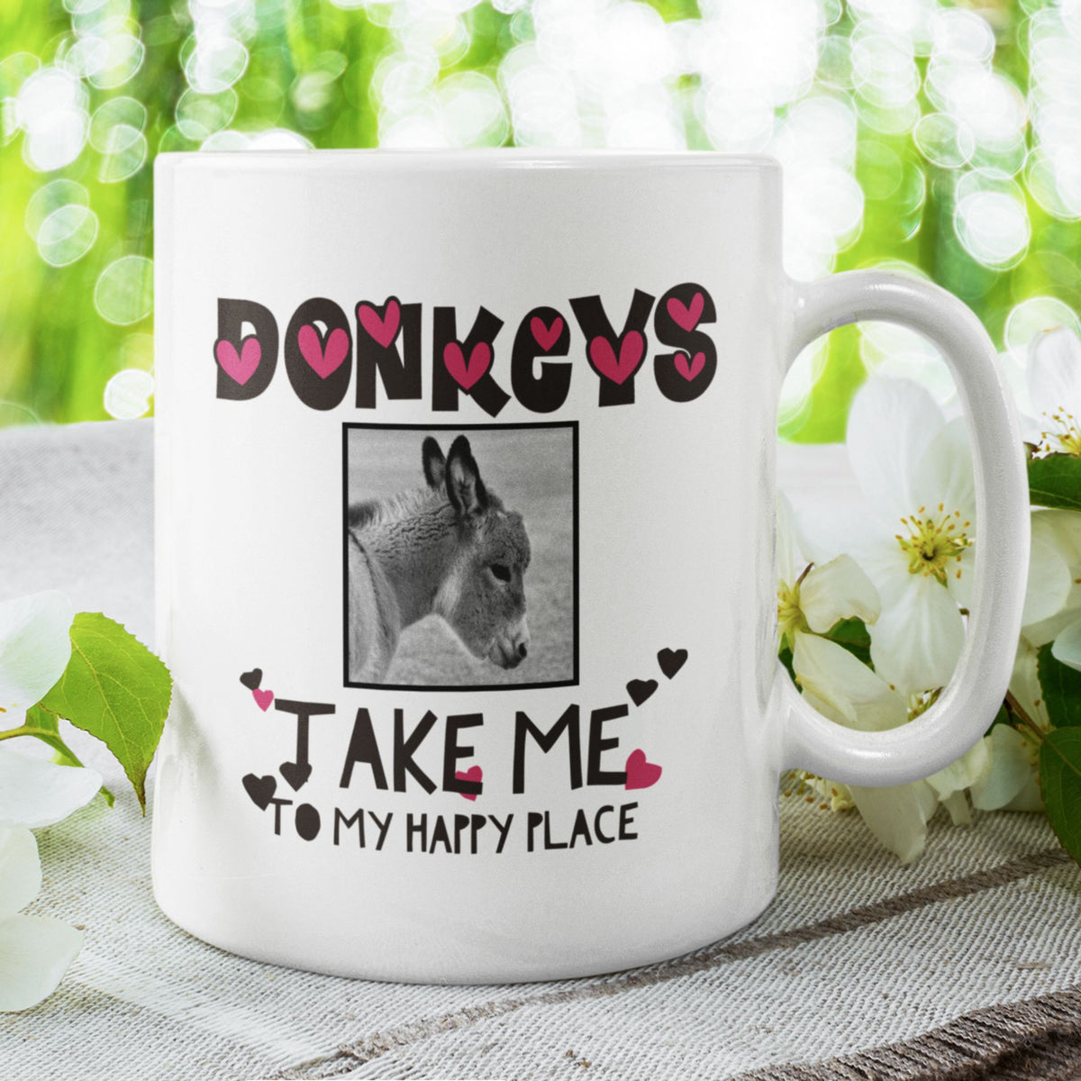 Donkey Lover Coffee Mug with Cute Donkey Photo – Animal Lover Gift - "Donkeys Take Me To My Happy Place" (Hearts Version) - 11oz Mug