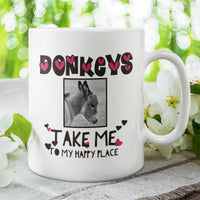 Donkey Lover Coffee Mug with Cute Donkey Photo – Animal Lover Gift - "Donkeys Take Me To My Happy Place" (Hearts Version) - 11oz Mug