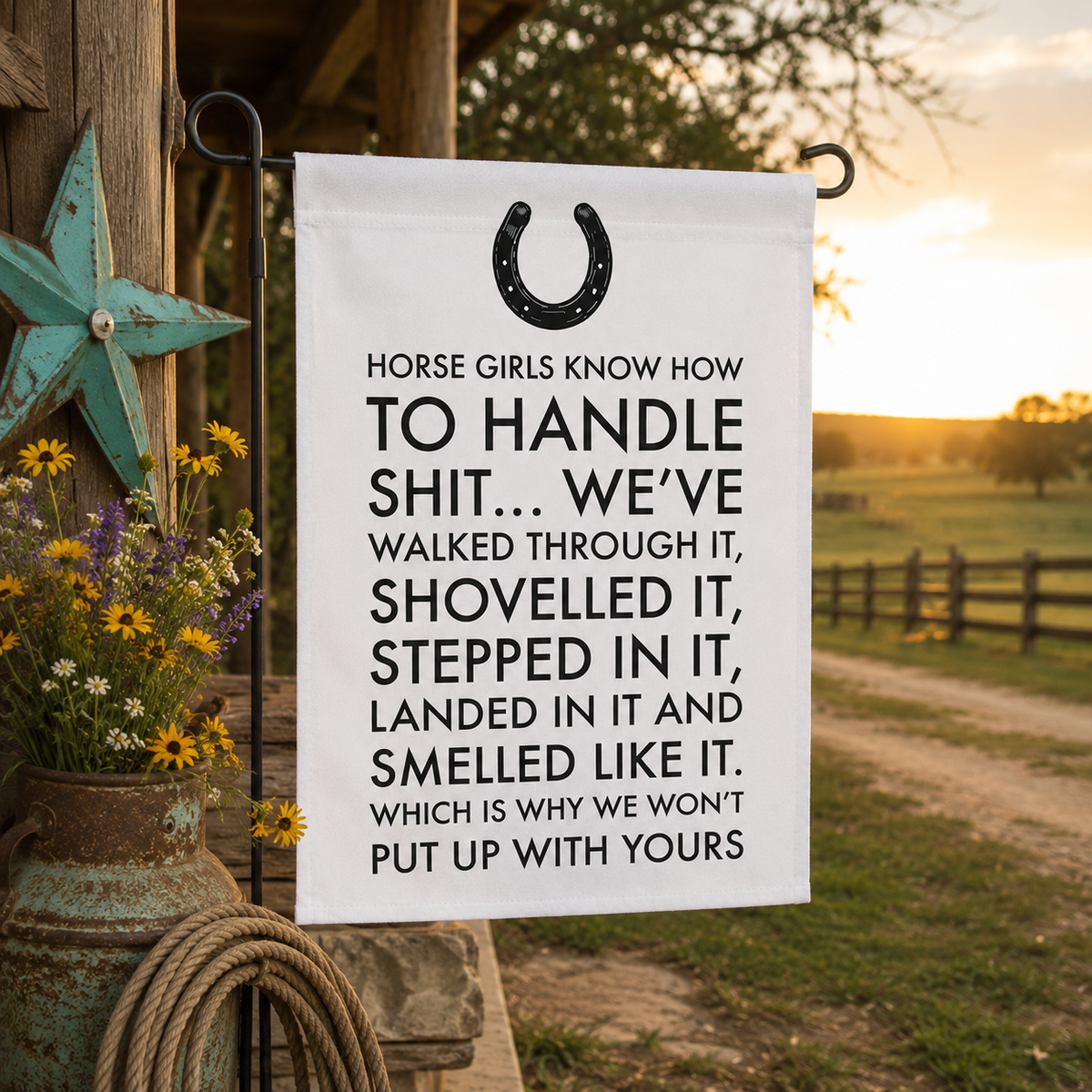 Funny Horse Girl Garden Flag – “Horse Girls Know How To Handle Shit” – Horse Lover Gift & Equestrian Yard Decor