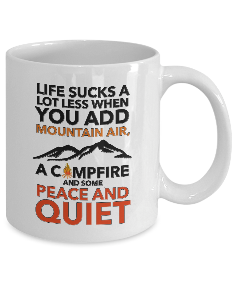 Camping Coffee Mug - Ceramic Camping Gift - Outdoors Mug - Campers Gift - "Life Sucks A Lot Less"