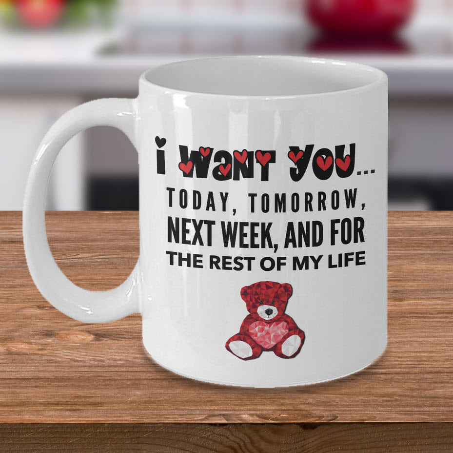 Valentines Day Coffee Mug - Love Mug - Anniversary Gift Husband Wife Gift -"I Want You Today"