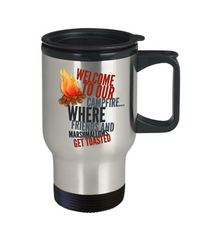 Load image into Gallery viewer, Camping Travel Mug - Stainless Steel Campers Mug - Camping Gift Idea - &quot;Welcome To Our Campfire&quot;
