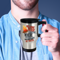 Load image into Gallery viewer, Camping Travel Mug - Stainless Steel Campers Mug - Camping Gift Idea - &quot;Welcome To Our Campfire&quot;
