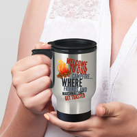 Load image into Gallery viewer, Camping Travel Mug - Stainless Steel Campers Mug - Camping Gift Idea - &quot;Welcome To Our Campfire&quot;
