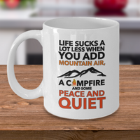 Load image into Gallery viewer, Camping Coffee Mug - Ceramic Camping Gift - Outdoors Mug - Campers Gift - &quot;Life Sucks A Lot Less&quot;
