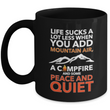 Black Camping Coffee Mug - 11oz Ceramic Campfire Mug - Gift For Campers - "Life Sucks A Lot Less"