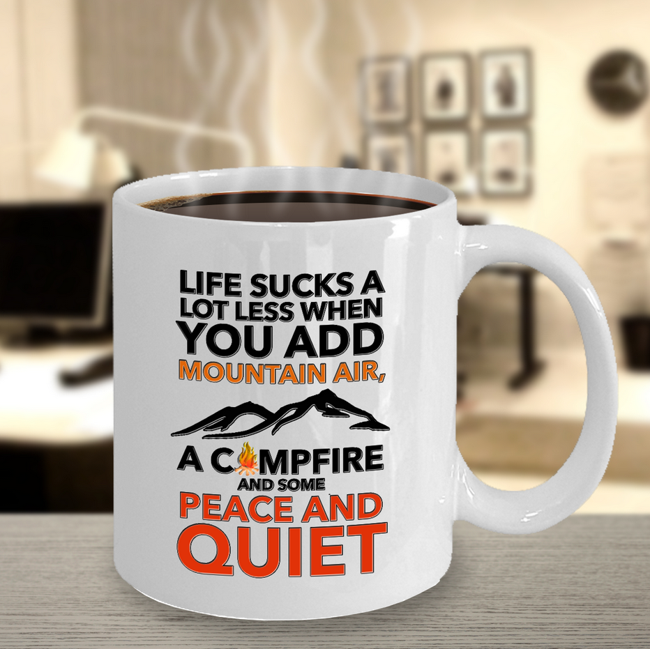 Camping Coffee Mug - Ceramic Camping Gift - Outdoors Mug - Campers Gift - "Life Sucks A Lot Less"