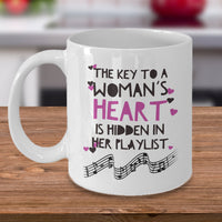 Music Coffee Mug - Music Lover Gift - Music Teacher Music Notes Mug - "The Key To A Woman's Heart"