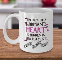 Load image into Gallery viewer, Music Coffee Mug - Music Lover Gift - Music Teacher Music Notes Mug - &quot;The Key To A Woman&#39;s Heart&quot;
