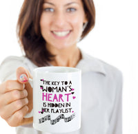 Load image into Gallery viewer, Music Coffee Mug - Music Lover Gift - Music Teacher Music Notes Mug - &quot;The Key To A Woman&#39;s Heart&quot;
