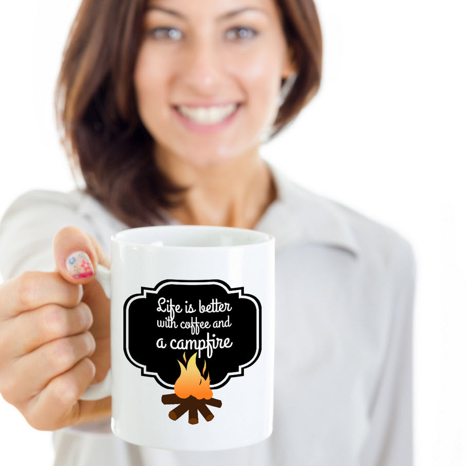 Camping Coffee Mug - Ceramic Gift Mug For Campers - "Life Is Better With Coffee And A Campfire"