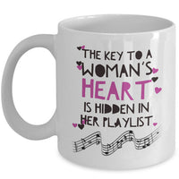 Music Coffee Mug - Music Lover Gift - Music Teacher Music Notes Mug - "The Key To A Woman's Heart"