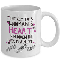 Music Coffee Mug - Music Lover Gift - Music Teacher Music Notes Mug - "The Key To A Woman's Heart"